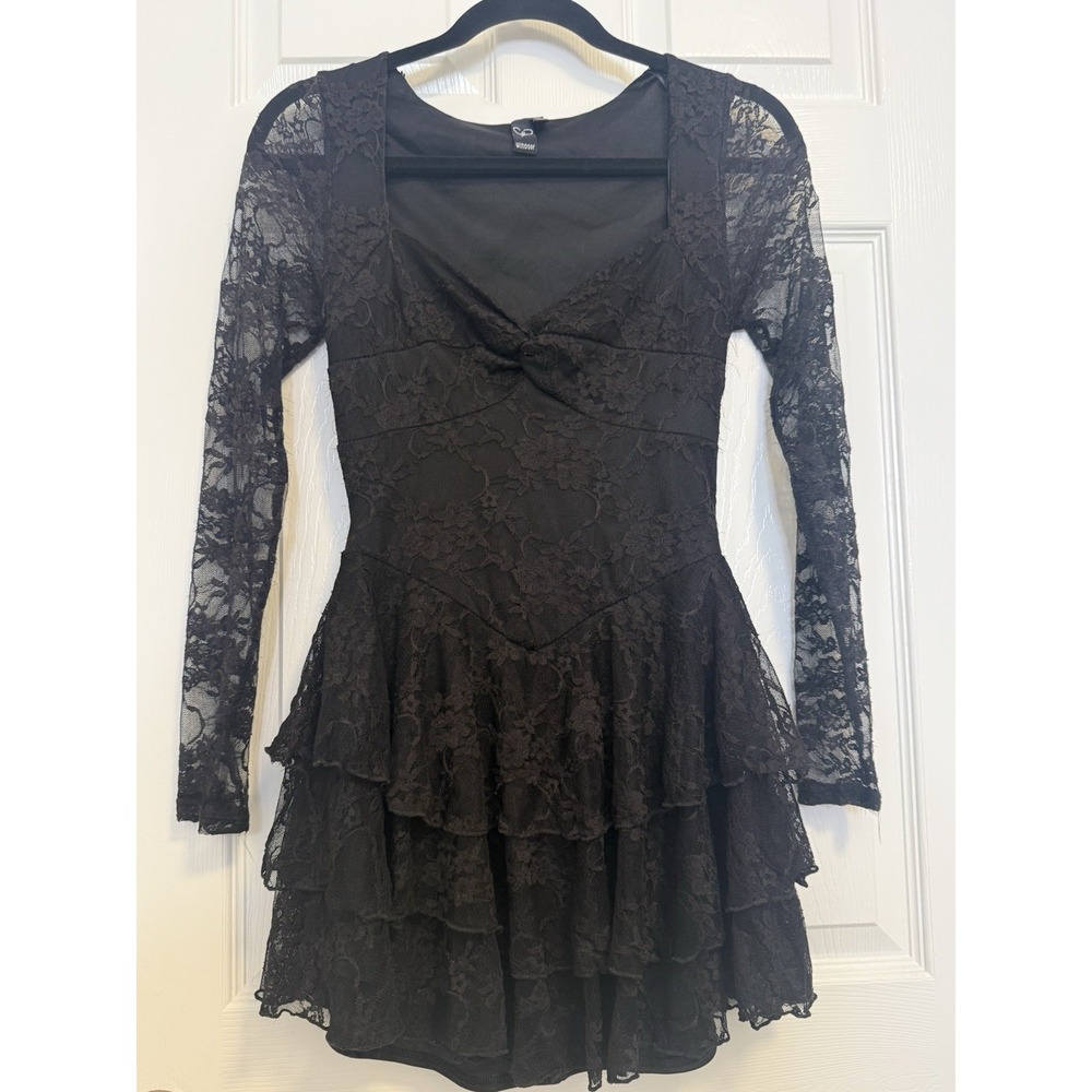 Whimsygoth Black Lace Dress Long Sleeves Ruffled Small Witchy Gothic Feminine